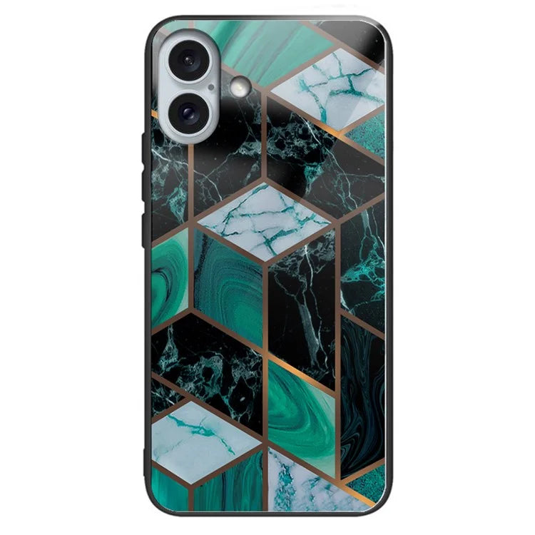 For iPhone 16 Plus Case Marble Pattern Tempered Glass+TPU Phone Cover