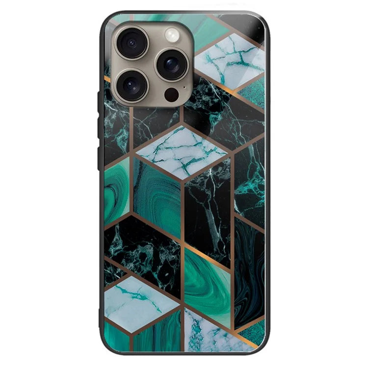 For iPhone 16 Pro Max Case Marble Pattern Tempered Glass+TPU Shockproof Phone Cover