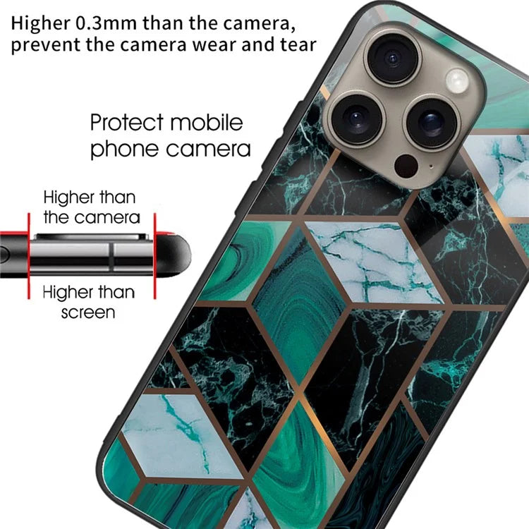 For iPhone 16 Pro Max Case Marble Pattern Tempered Glass+TPU Shockproof Phone Cover