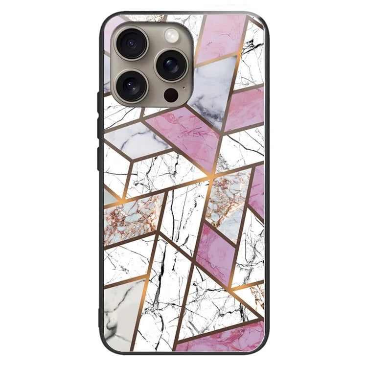 For iPhone 16 Pro Max Case Marble Pattern Tempered Glass+TPU Shockproof Phone Cover