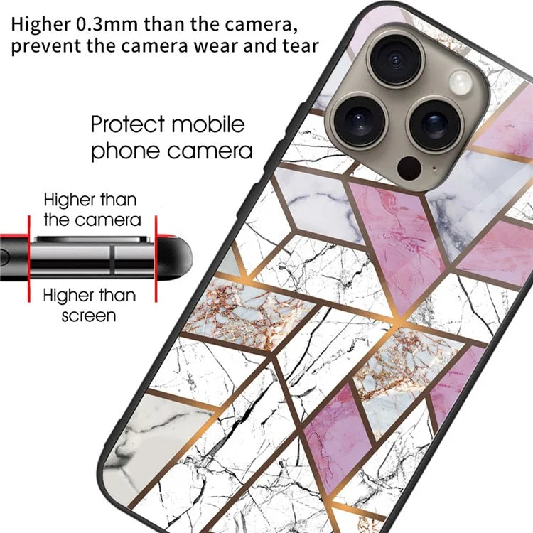 For iPhone 16 Pro Max Case Marble Pattern Tempered Glass+TPU Shockproof Phone Cover