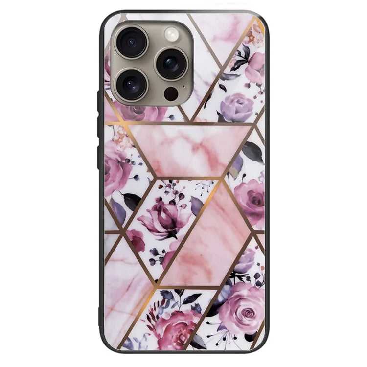 For iPhone 16 Pro Max Case Marble Pattern Tempered Glass+TPU Shockproof Phone Cover