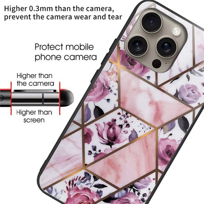 For iPhone 16 Pro Max Case Marble Pattern Tempered Glass+TPU Shockproof Phone Cover