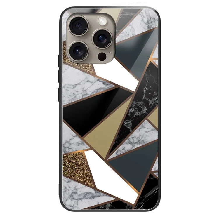 For iPhone 16 Pro Max Case Marble Pattern Tempered Glass+TPU Shockproof Phone Cover