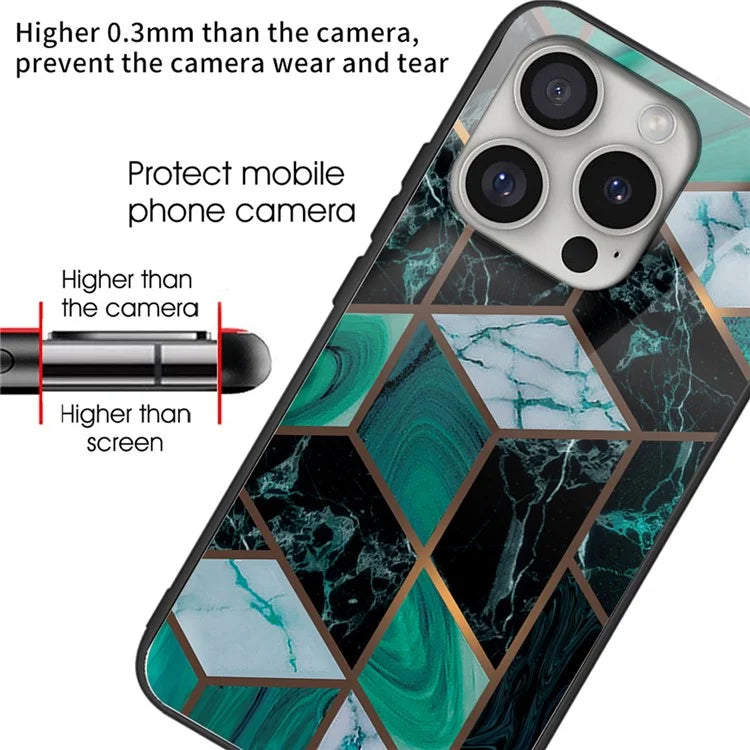 For iPhone 16 Pro Case Marble Pattern Anti-Drop Tempered Glass+TPU Phone Cover