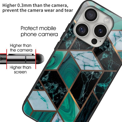 For iPhone 16 Pro Case Marble Pattern Anti-Drop Tempered Glass+TPU Phone Cover