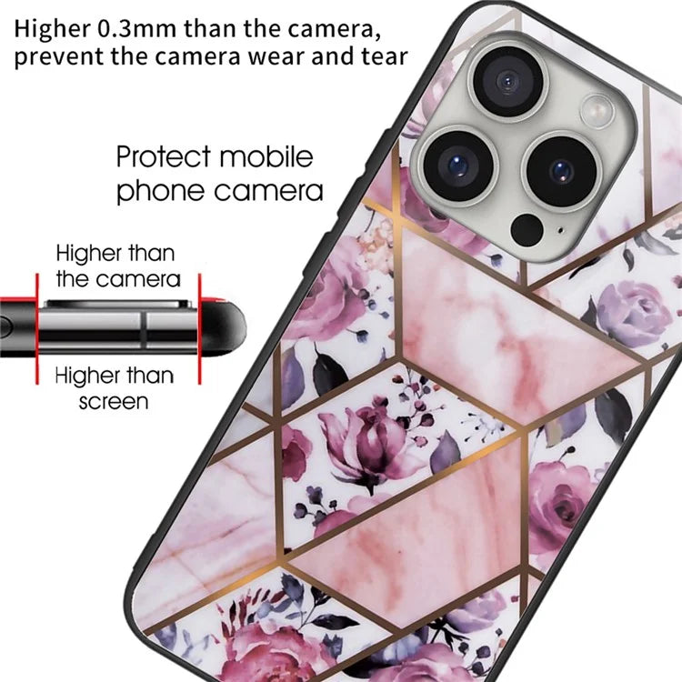 For iPhone 16 Pro Case Marble Pattern Anti-Drop Tempered Glass+TPU Phone Cover
