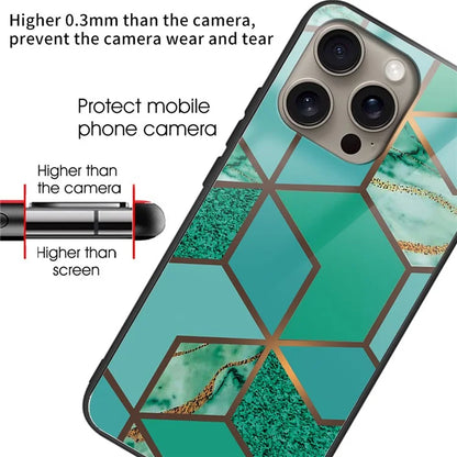 For iPhone 16 Pro Max Case Artistic Marble Pattern Tempered Glass Shockproof Phone Cover