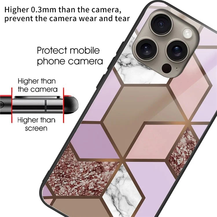 For iPhone 16 Pro Max Case Artistic Marble Pattern Tempered Glass Shockproof Phone Cover