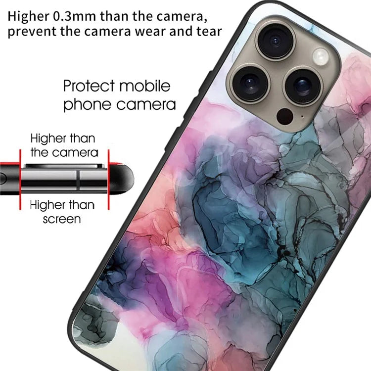 For iPhone 16 Pro Max Case Artistic Marble Pattern Tempered Glass Shockproof Phone Cover