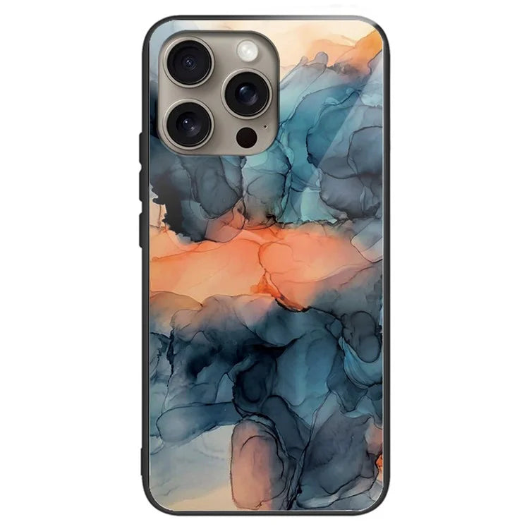 For iPhone 16 Pro Max Case Artistic Marble Pattern Tempered Glass Shockproof Phone Cover