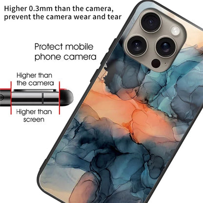 For iPhone 16 Pro Max Case Artistic Marble Pattern Tempered Glass Shockproof Phone Cover