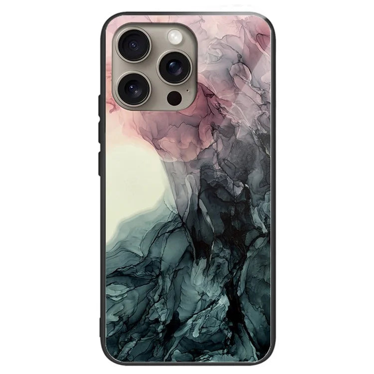For iPhone 16 Pro Max Case Artistic Marble Pattern Tempered Glass Shockproof Phone Cover