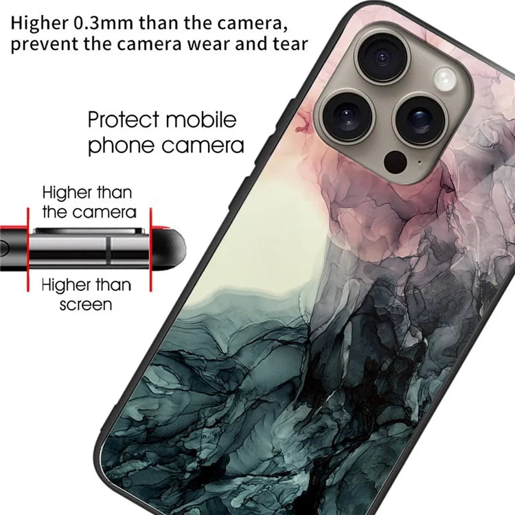 For iPhone 16 Pro Max Case Artistic Marble Pattern Tempered Glass Shockproof Phone Cover