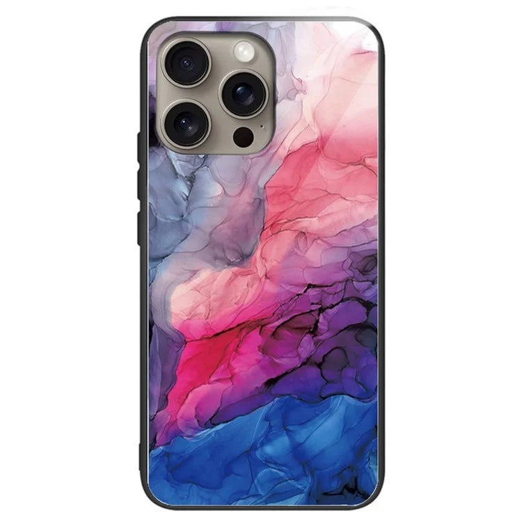 For iPhone 16 Pro Max Case Artistic Marble Pattern Tempered Glass Shockproof Phone Cover