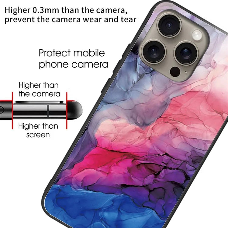 For iPhone 16 Pro Max Case Artistic Marble Pattern Tempered Glass Shockproof Phone Cover