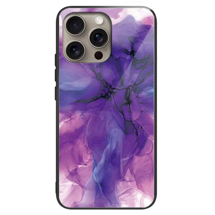 For iPhone 16 Pro Max Case Artistic Marble Pattern Tempered Glass Shockproof Phone Cover