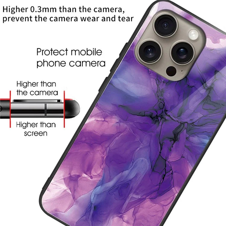 For iPhone 16 Pro Max Case Artistic Marble Pattern Tempered Glass Shockproof Phone Cover