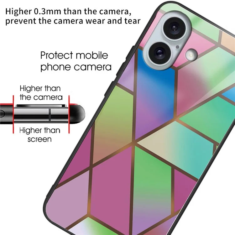 For iPhone 16 Plus Case Artistic Marble Pattern Anti-Drop Tempered Glass Phone Cover