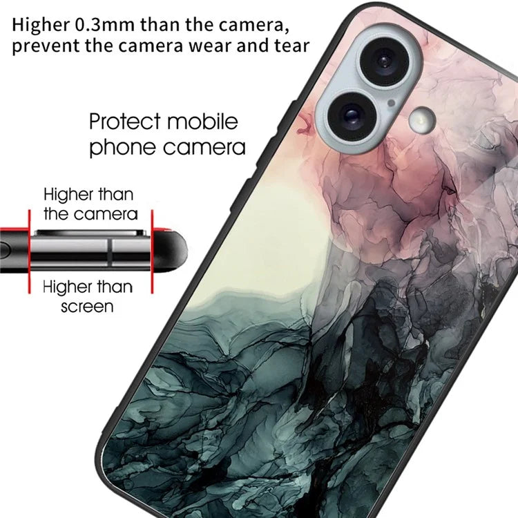 For iPhone 16 Plus Case Artistic Marble Pattern Anti-Drop Tempered Glass Phone Cover