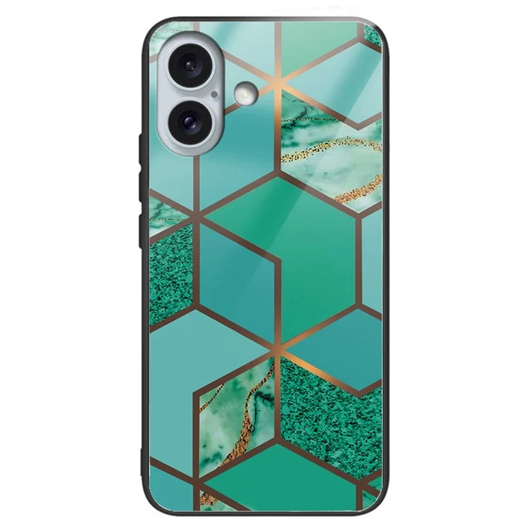 For iPhone 16 Plus Case Artistic Marble Pattern Anti-Drop Tempered Glass Phone Cover