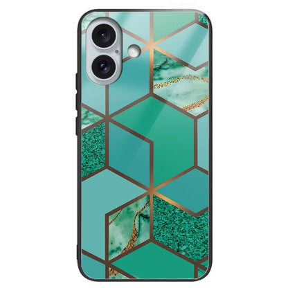 For iPhone 16 Plus Case Artistic Marble Pattern Anti-Drop Tempered Glass Phone Cover