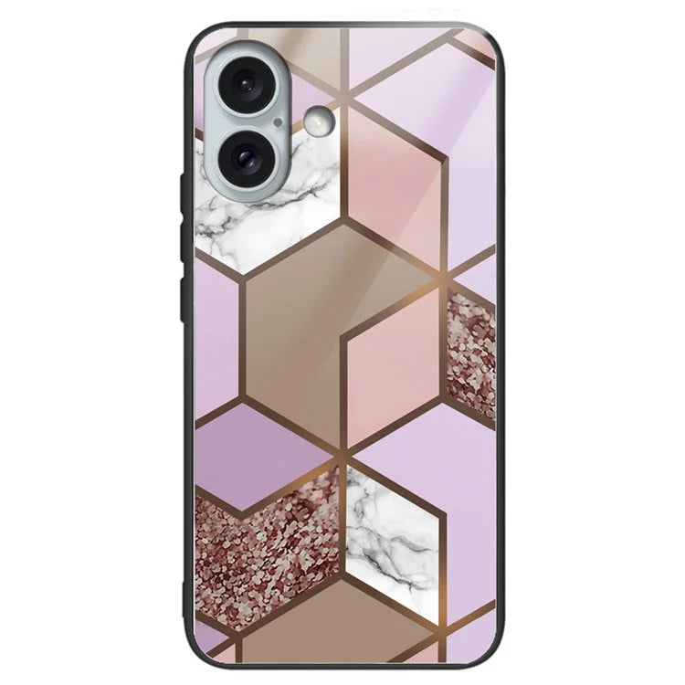 For iPhone 16 Plus Case Artistic Marble Pattern Anti-Drop Tempered Glass Phone Cover