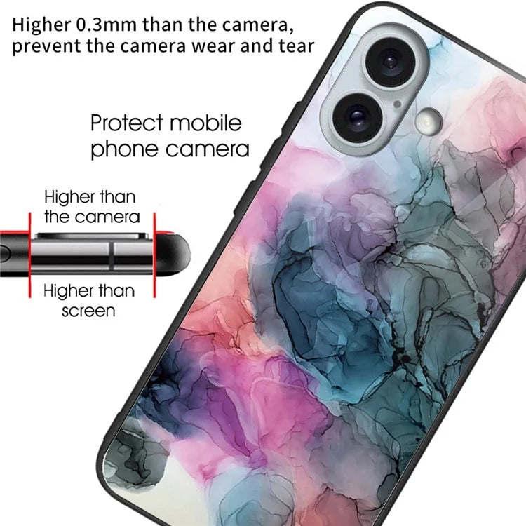 For iPhone 16 Plus Case Artistic Marble Pattern Anti-Drop Tempered Glass Phone Cover