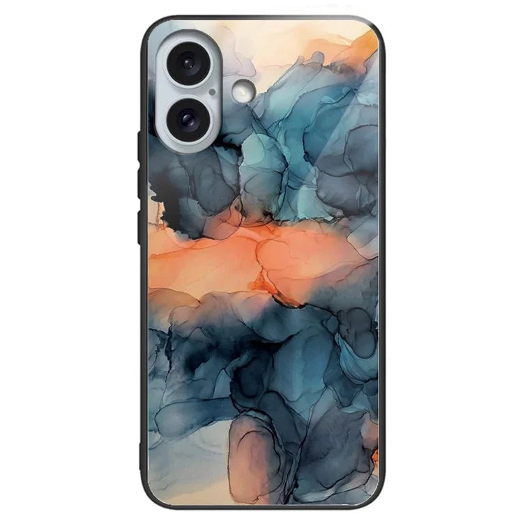 For iPhone 16 Plus Case Artistic Marble Pattern Anti-Drop Tempered Glass Phone Cover