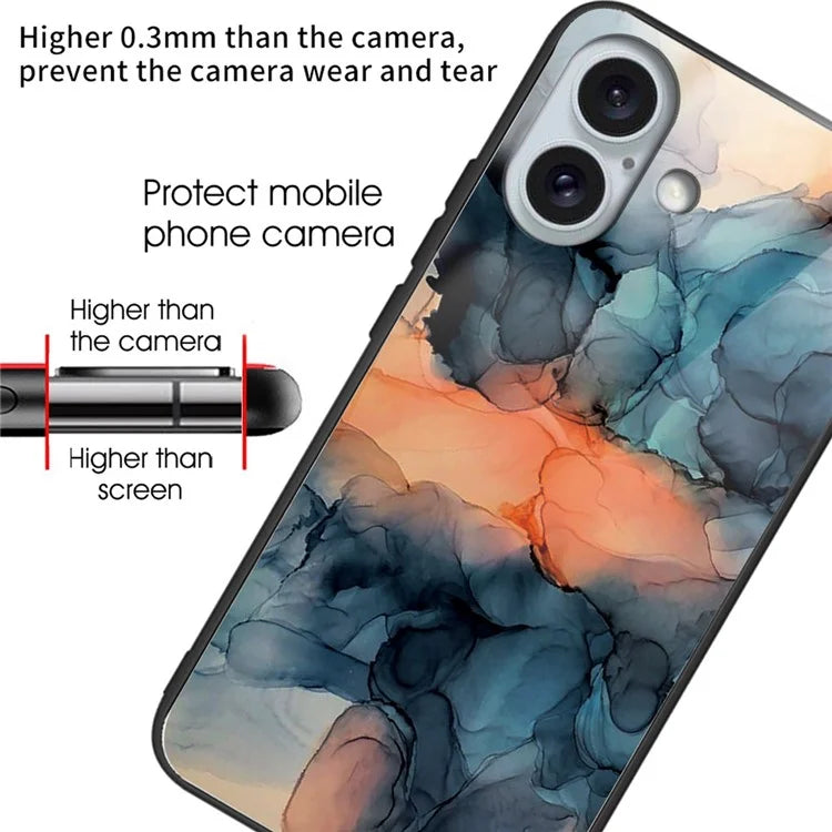 For iPhone 16 Plus Case Artistic Marble Pattern Anti-Drop Tempered Glass Phone Cover