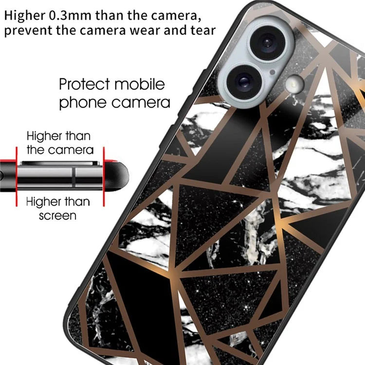 For iPhone 16 Plus Case Artistic Marble Pattern Anti-Drop Tempered Glass Phone Cover