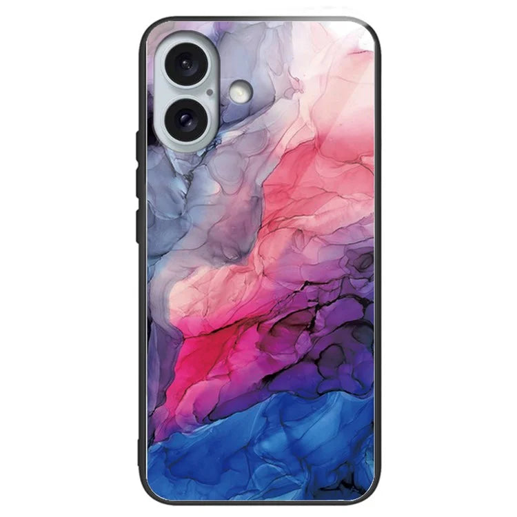 For iPhone 16 Plus Case Artistic Marble Pattern Anti-Drop Tempered Glass Phone Cover