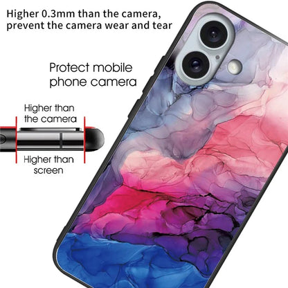 For iPhone 16 Plus Case Artistic Marble Pattern Anti-Drop Tempered Glass Phone Cover