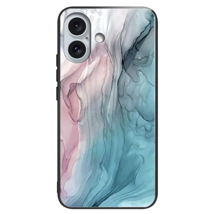 For iPhone 16 Plus Case Artistic Marble Pattern Anti-Drop Tempered Glass Phone Cover