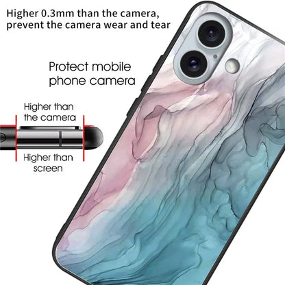 For iPhone 16 Plus Case Artistic Marble Pattern Anti-Drop Tempered Glass Phone Cover
