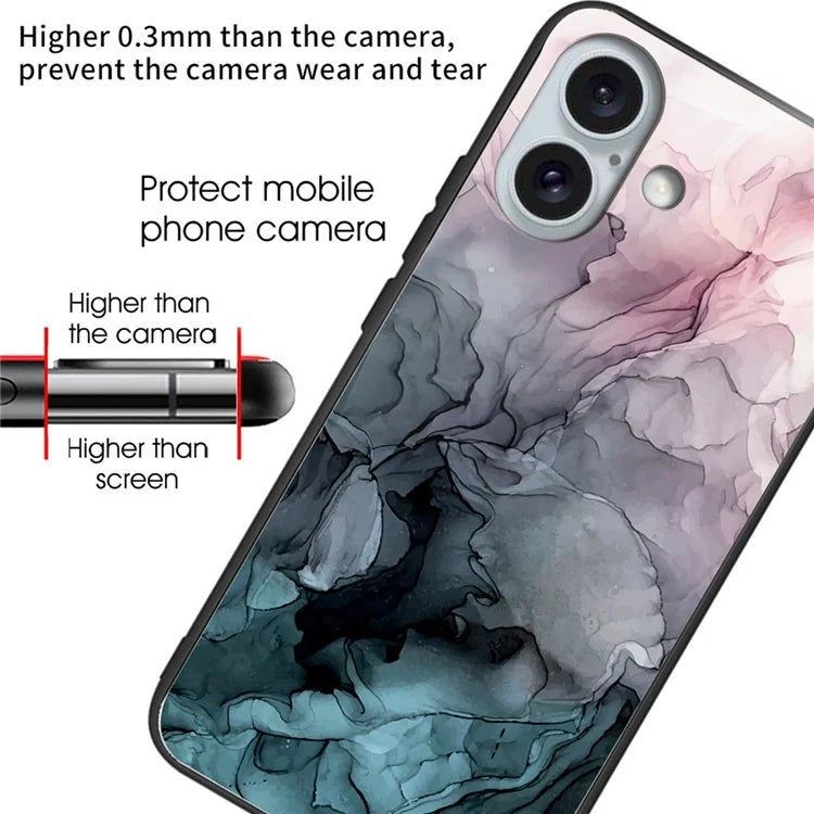 For iPhone 16 Plus Case Artistic Marble Pattern Anti-Drop Tempered Glass Phone Cover