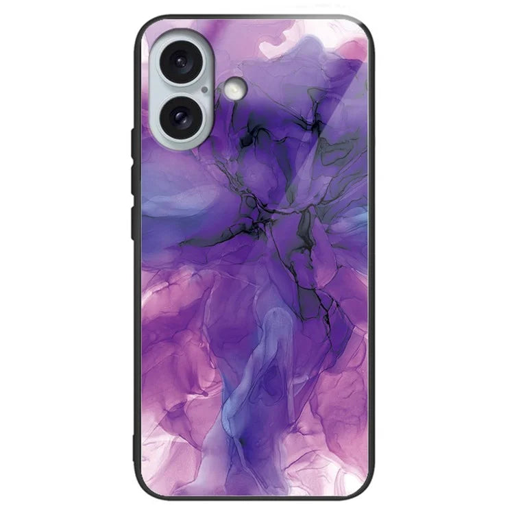 For iPhone 16 Plus Case Artistic Marble Pattern Anti-Drop Tempered Glass Phone Cover