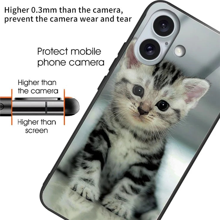 For iPhone 16 Plus Case Tempered Glass+TPU Phone Cover Pattern Printing