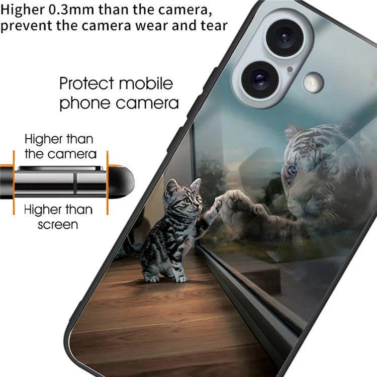 For iPhone 16 Plus Case Tempered Glass+TPU Phone Cover Pattern Printing