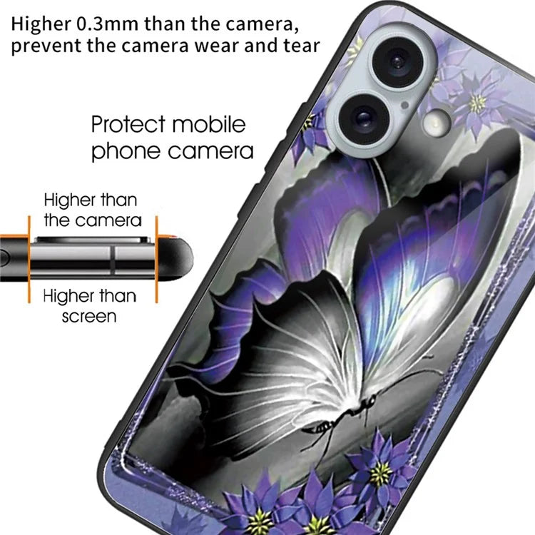 For iPhone 16 Plus Case Tempered Glass+TPU Phone Cover Pattern Printing