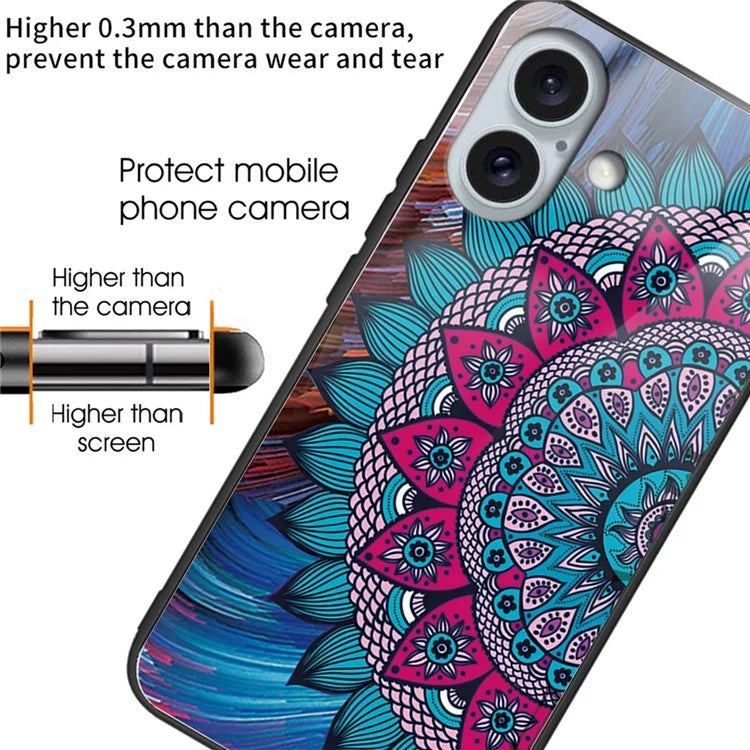 For iPhone 16 Plus Case Tempered Glass+TPU Phone Cover Pattern Printing