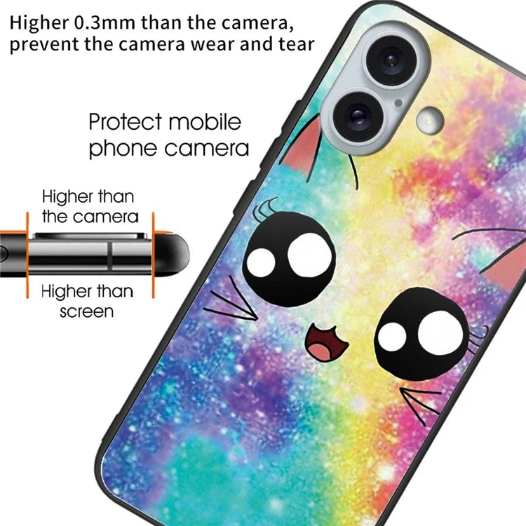 For iPhone 16 Plus Case Pattern Printing TPU+Tempered Glass Hybrid Phone Cover