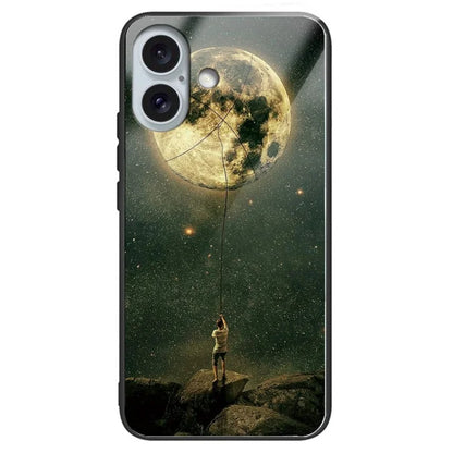 For iPhone 16 Plus Case Pattern Printing TPU+Tempered Glass Hybrid Phone Cover