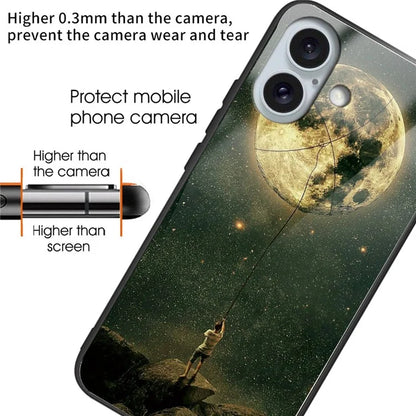 For iPhone 16 Plus Case Pattern Printing TPU+Tempered Glass Hybrid Phone Cover