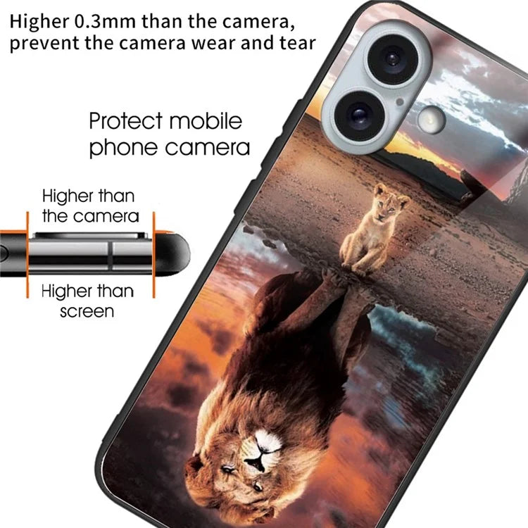 For iPhone 16 Plus Case Pattern Printing TPU+Tempered Glass Hybrid Phone Cover