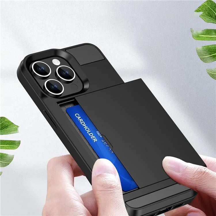 For iPhone 16 Pro Case with Sliding Card Holder PC+TPU Phone Back Cover