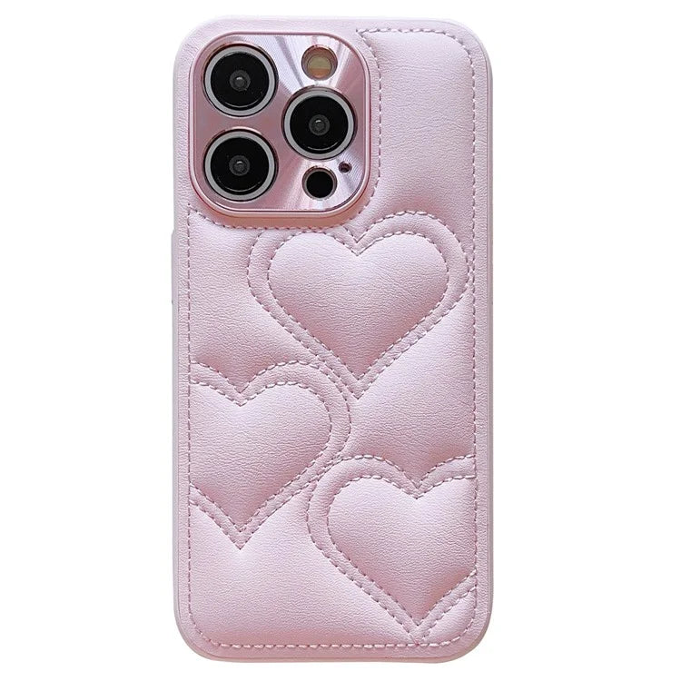 For iPhone 15 Pro Max Case Heart Pattern Leather Covered TPU Back Phone Cover