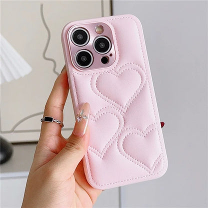 For iPhone 15 Pro Max Case Heart Pattern Leather Covered TPU Back Phone Cover