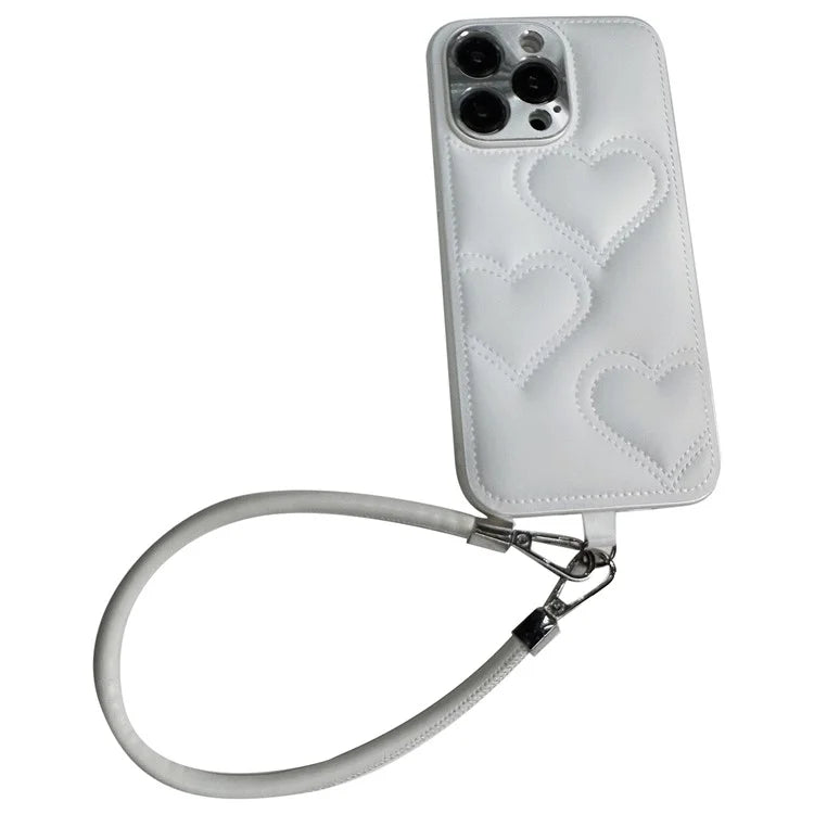 For iPhone 15 Pro Max Case Heart Pattern PU+TPU Phone Cover with Strap