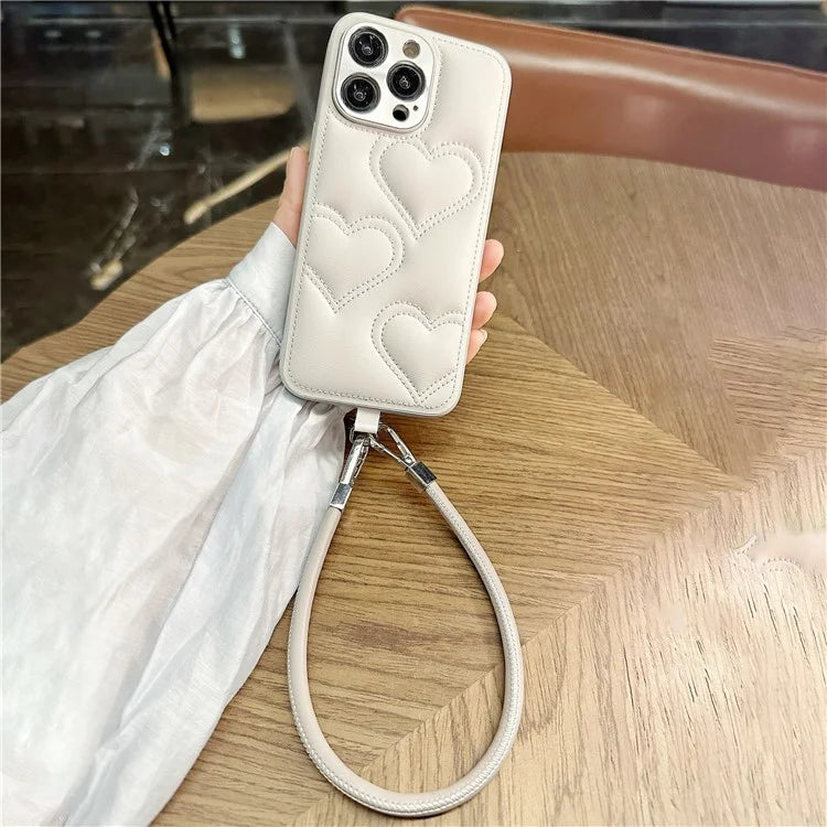 For iPhone 15 Pro Max Case Heart Pattern PU+TPU Phone Cover with Strap